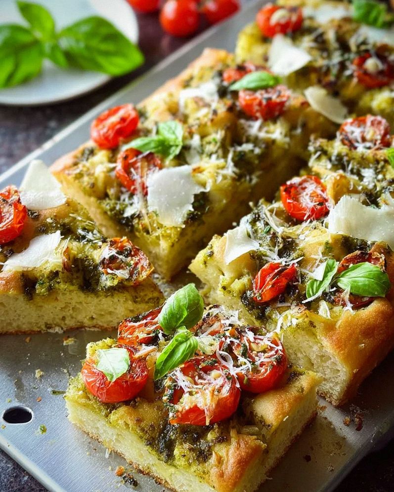 Die beste Focaccia mit Pesto und Tomaten