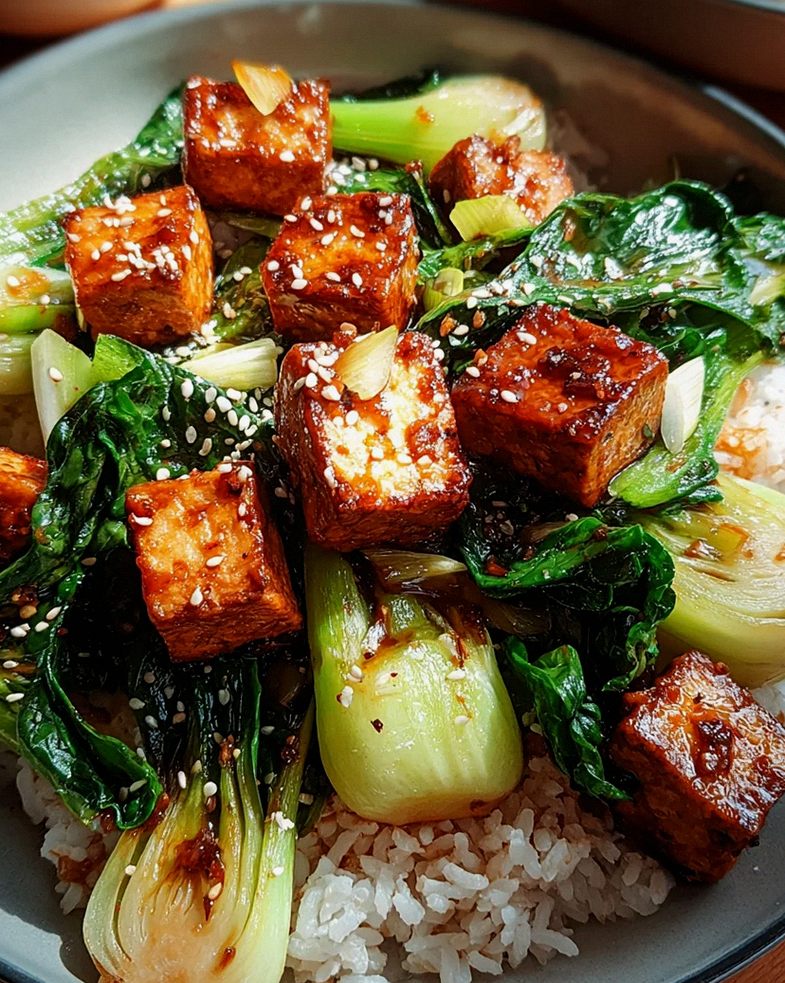 Gebratener Pak Choi mit knusprigem Tofu und Reis