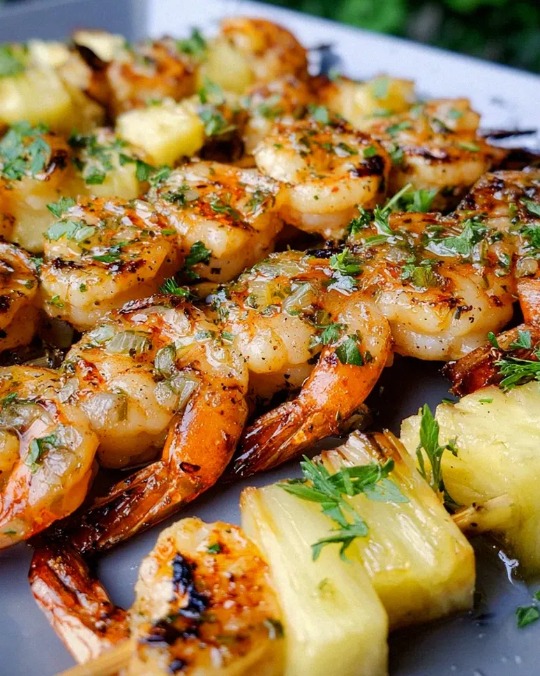Gegrillte Garnelenspieße mit Ananas in Öl und Knoblauchsoße
