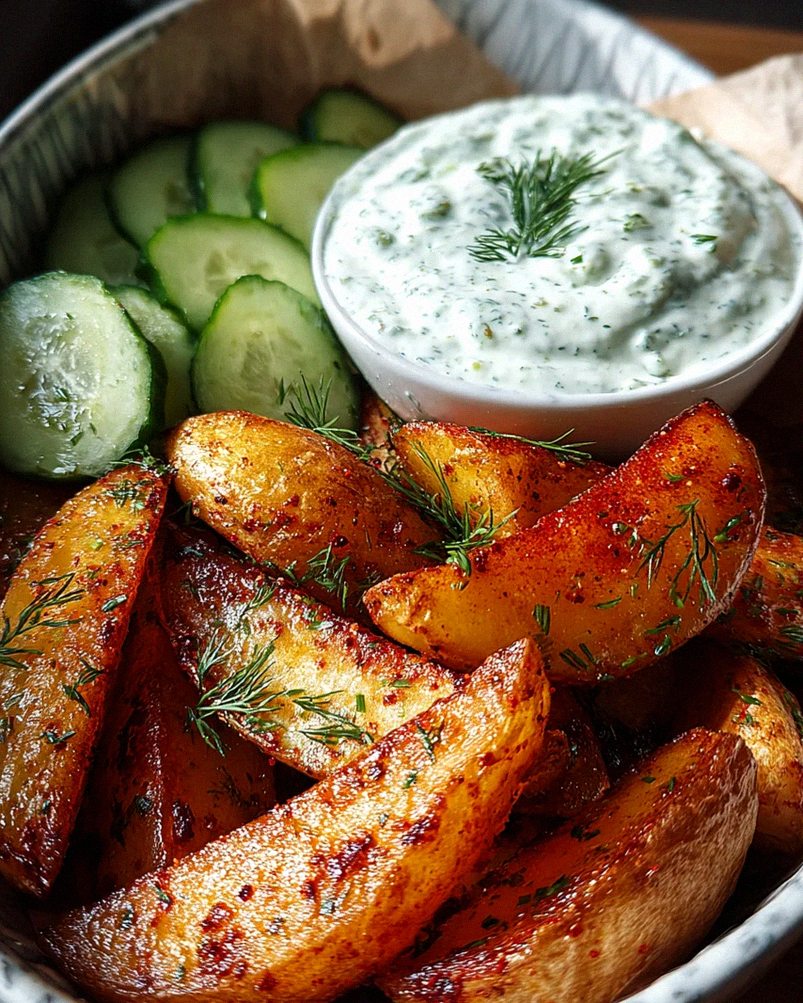 Kartoffelspalten mit Gurkendip