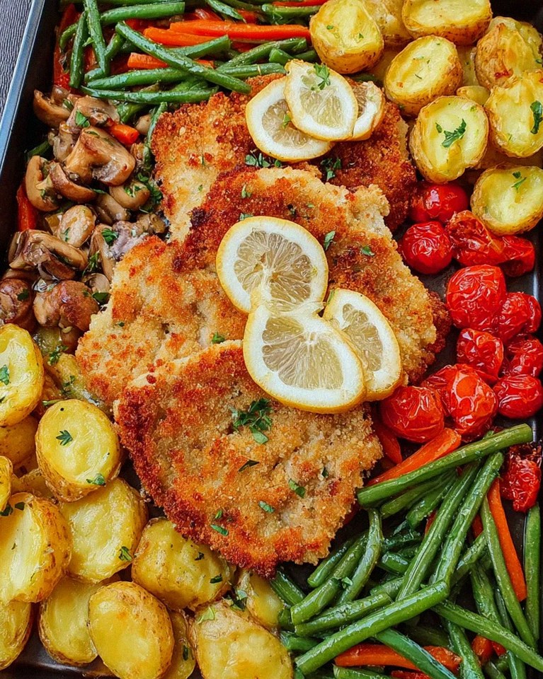 Panierte Parmesan Hähnchenschnitzel aus dem Ofen mit Gemüse und Kartoffelecken