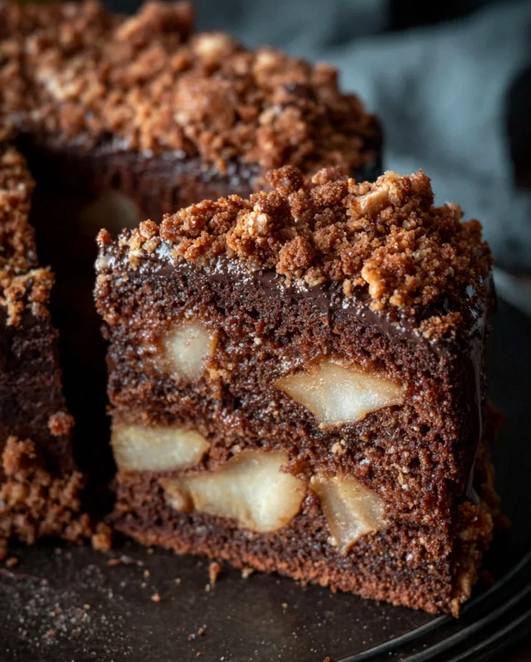 Saftiger Schokoladen-Birnenkuchen mit Schoko-Streuseln
