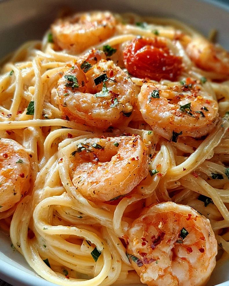 Spaghetti mit Garnelen in Frischkäsesauce