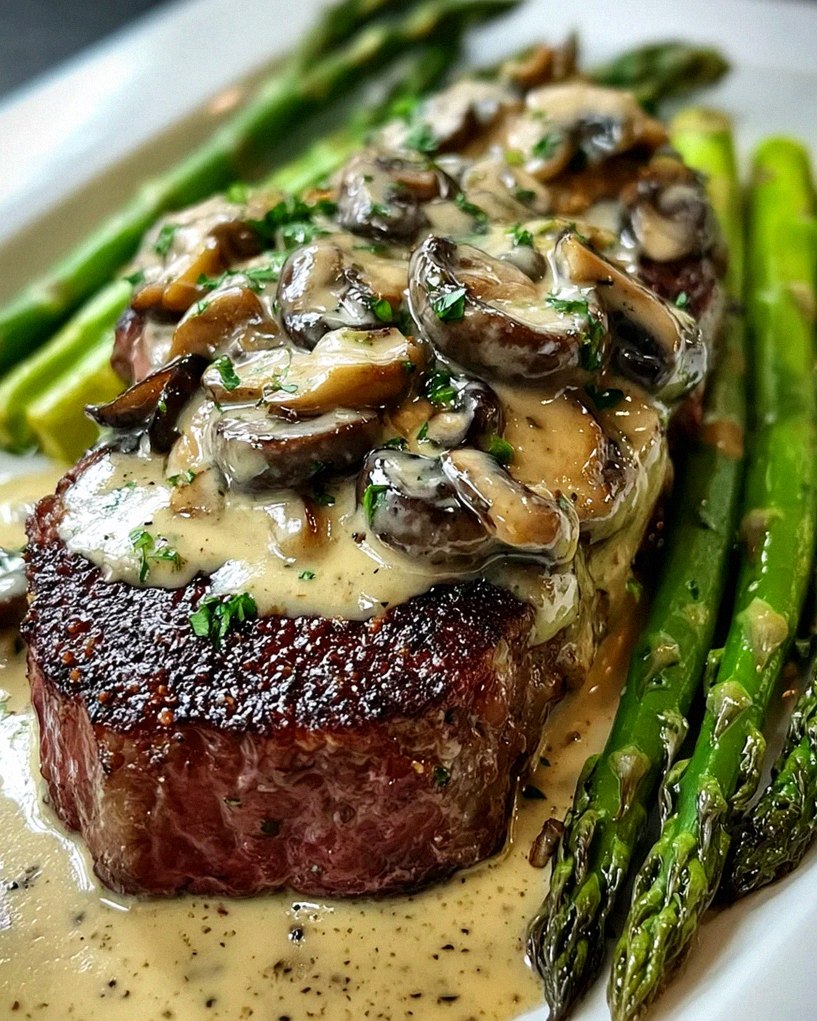 Steak mit cremiger Pilzsauce und Spargel genießen