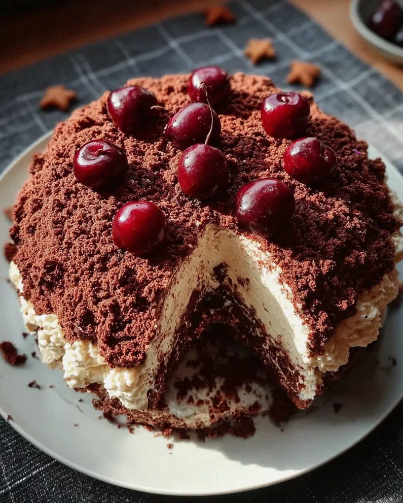 Winterlicher Maulwurfkuchen mit Zimtsahne und Punschkirschen