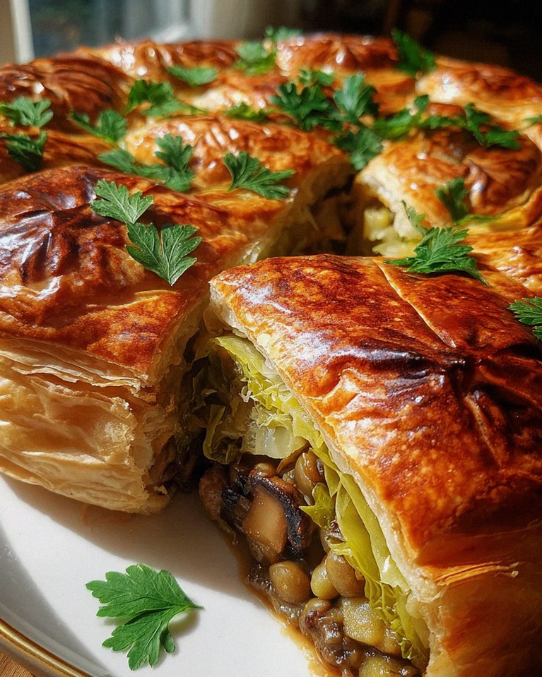 Wirsing-Pie mit Pilz-Linsen-Kartoffelfüllung