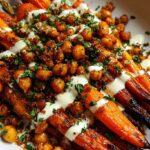 Würzige Ahorn-Röstkarotten mit knusprigen Kichererbsen und Joghurtsauce