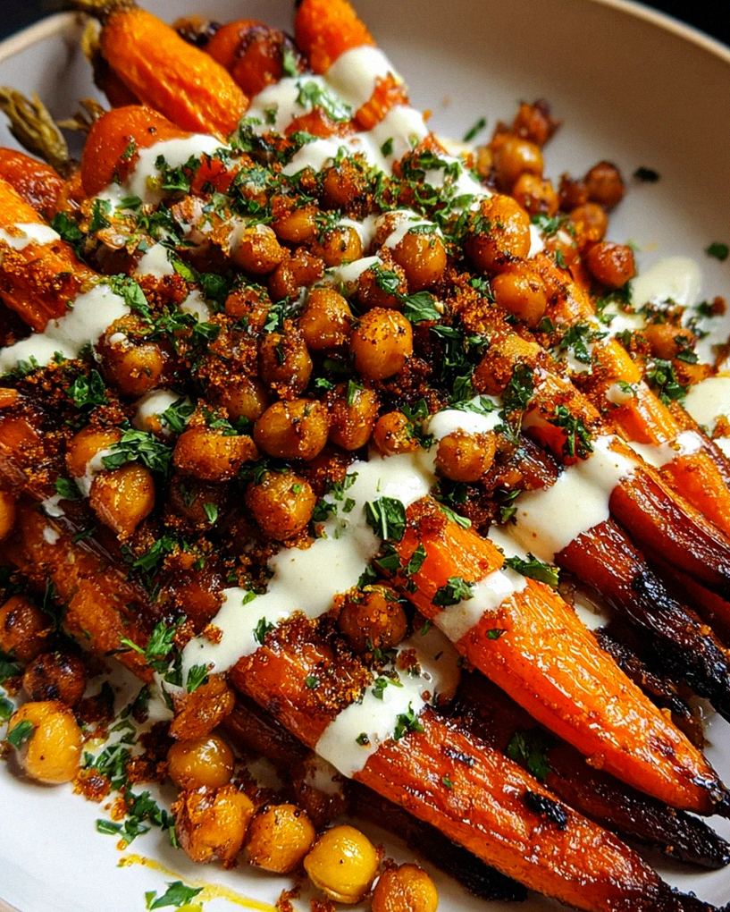 Würzige Ahorn-Röstkarotten mit knusprigen Kichererbsen und Joghurtsauce