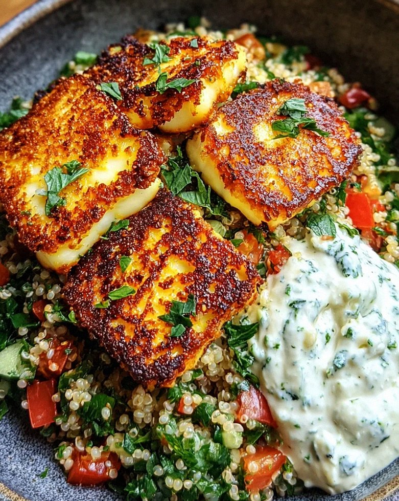 Würziger Halloumi mit Tabbouleh und Minzjoghurt